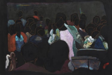 a drawing of people with black faces with a gold outline in colorful clothes