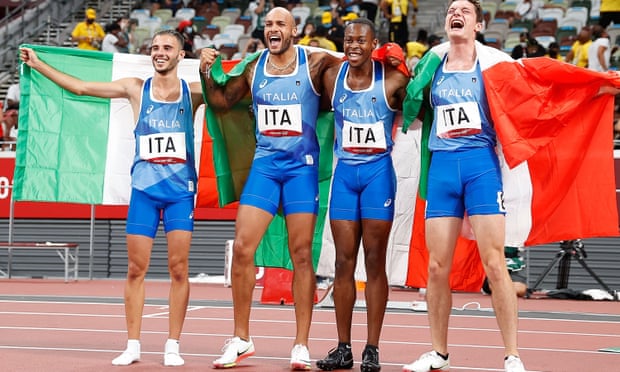 The winning Italian quartet of (from left) Lorenzo Patta, Lamont Marcell Jacobs, Eseosa Desalu and Filippo Tortu