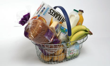 a basket of key supermarket items including cereal, bread, fruit and milk
