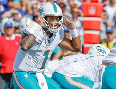 Miami Dolphins quarterback Tua Tagovailoa (1) calls out a signal during October’s game against the Buffalo Bills at Highmark Stadium in Orchard Park, New York.