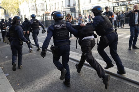 A protester is arrested in Paris.