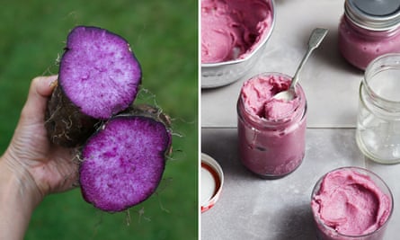Fresh ube, sometimes referred to as ‘purple yam’, left, and Yasmin Newman’s purple yam jam.