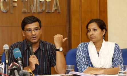 Samit Aich, left, Greenpeace India’s executive director, and campaigner Priya Pillai at a press conference in May.