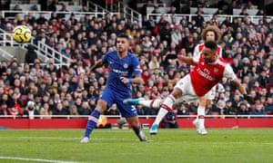 Pierre-Emerick Aubameyang of Arsenal scores his side’s first goal.