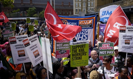 An RMT strike rally outside King's Cross railway station in London.