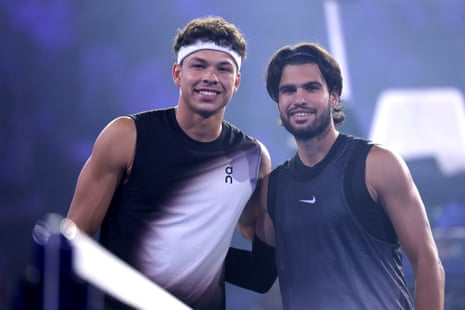 Ben Shelton and Carlos Alcaraz pose before their US Open quarter-final at Flushing Meadows.