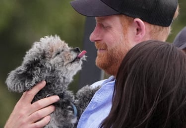 Prince Harry holds a dog at the Cruising Yacht Club of Australia, after taking part in a sailing event with members of Invictus Australia in Sydney Harbour