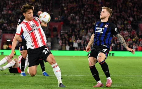 Middlesbrough players appeal for a penalty as the ball strikes Kuryu Matsuki of Southampton.