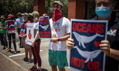 Environmental activists protest outside the head offices of Shell in Sandton, Johannesburg, South Africa