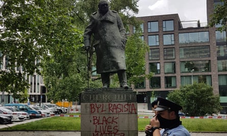 Police presence at the statue of Winston Churchill in Prague.