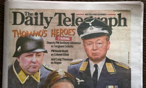 Kevin Rudd depicted in a digitally altered image as the bumbling Nazi TV character Colonel Klink from Hogan’s Heroes on the front of the Daily Telegraph