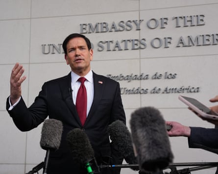 Marco Rubio speaks to the press outside the US embassy in Quito.
