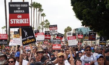 Members of both WGA and Sag-Aftra rally at Paramount Studios in Los Angeles on 13 September.