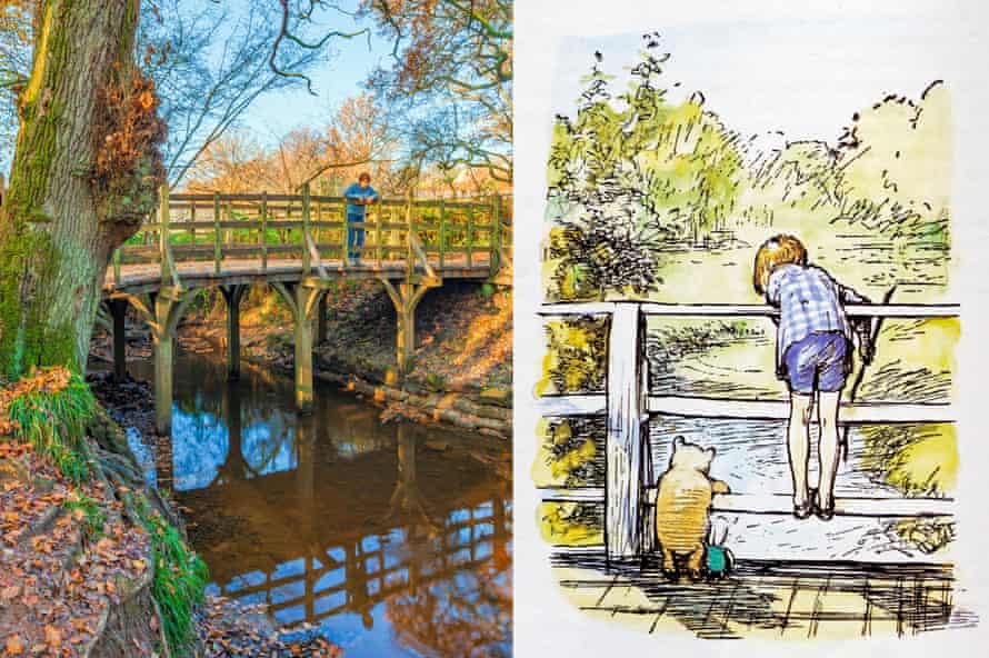 Pooh Sticks Bridge in Ashdown Forest, and EH Shepard’s illustration of it in AA Milne’s Winnie the Pooh.