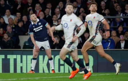 Finn Russell watches his last-gasp kick miss to allow England to escape with a win in the Calcutta Cup last year.