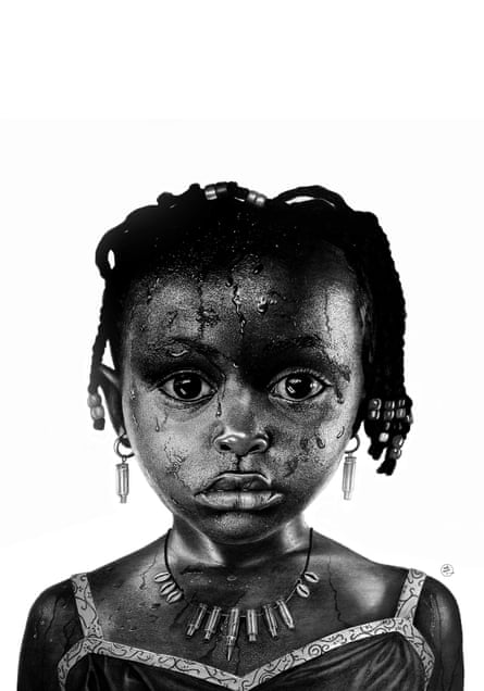 A drawing of an African girl with earrings and a necklace of shell casings