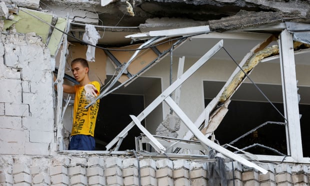 An apartment block damaged by shelling in Enerhodar