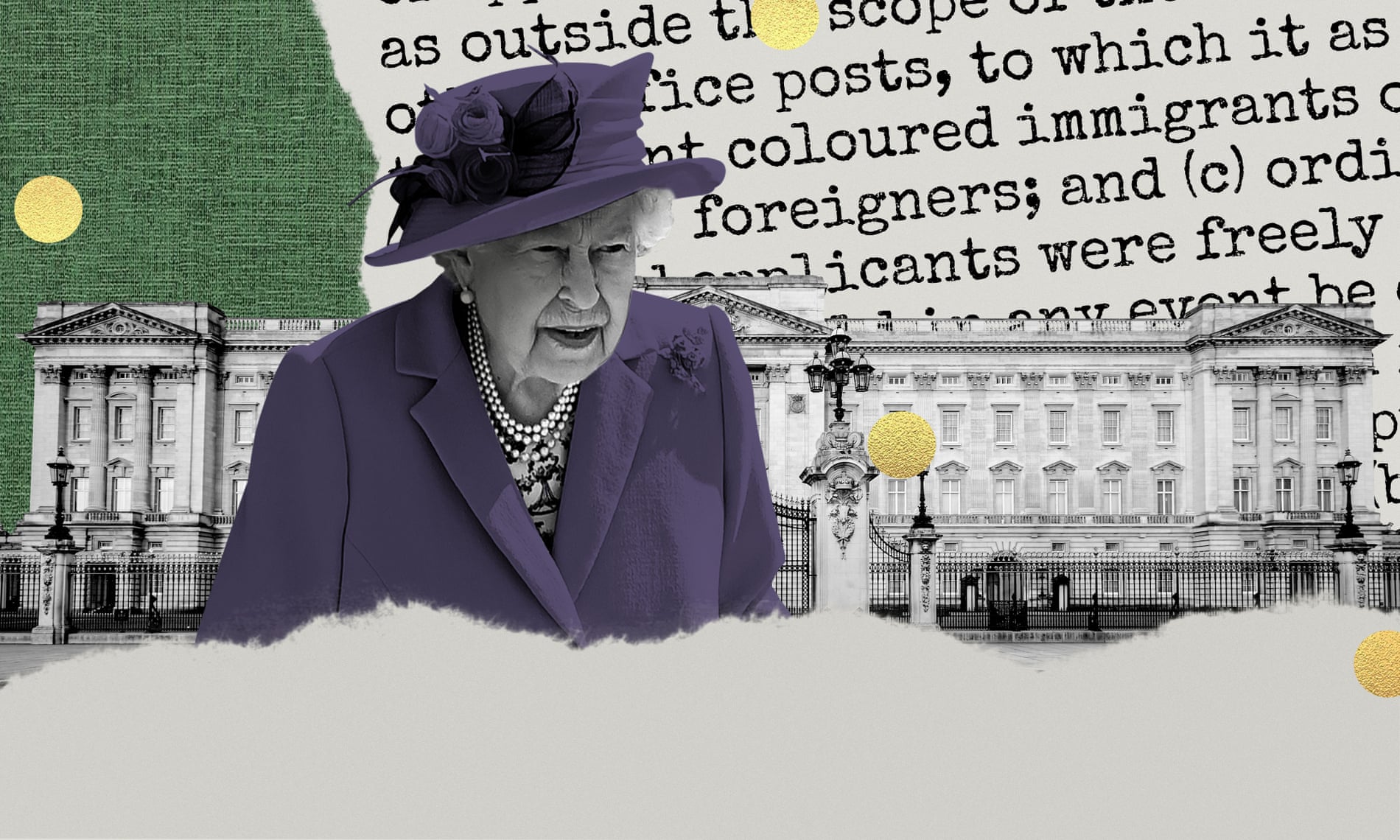 Illustration showing the Queen, Buckingham Palace and a document