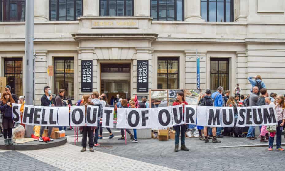 Activists gathered outside the museum in South Kensington, London, to protest against Shell's sponsorship of the Our Future Planet exhibition.