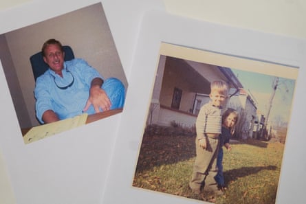 family photos on table, one of an older man and the other of a young boy and girl