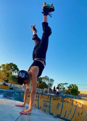 Dozer of Brunny Hardcore does a handstand at Brunswick Skate Park in Melbourne