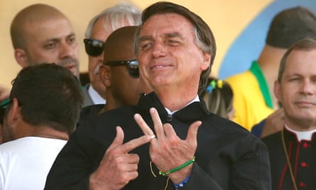 Brazil’s incumbent president, Jair Bolsonaro, gestures during a campaign rally in early September at Copacabana beach, Rio de Janeiro.