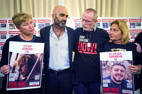 Family members of Israeli hostages who are believed held in Gaza, at a press conference at the Israel embassy in London (left to right): Iris Haim, the mother of Yotam Haim; Doron Libshtein, whose brother Ofir was among four members of his family killed by Hamas; Thomas Hand, the father of nine-year-old Irish-Israeli child Emily Hand; and Orit Meir the mother of Almog Meir Jan.