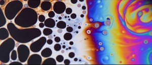Eureka &amp; Discovery, 1stIn a Kitchen Far, Far Away by Mr Li Shen, Imperial College London The fluid instability patterns on top of a soap bubble. The picture gives insights into how foams form and behave. The right shows gravitational fluid drainage flow; the colours indicate bubble thickness. The left side shows quasi-elastic instability which occurs at the sub-micron lengthscale. Overall, the image shows the road to bubble rupture: the holes region merges into a Newton black film, has a period of stability then succumbs to forces that pinch the film together and cause the bubble to burst.