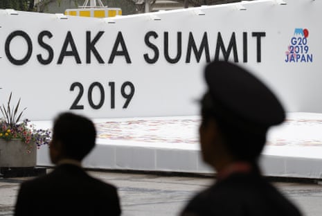 The logo of G-20 summit is displayed at the International Exhibition Center shows, in Osaka, Japan.