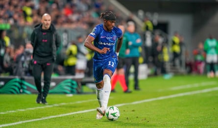 Chelsea midfielder Noni Madueke during the Conference League final against Real Betis on 28 May