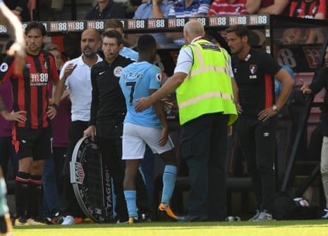 Manchester City’s Raheem Sterling heads to the dressing room for his early bath.