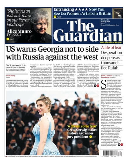 Guardian front page, Wednesday 15 May 2024