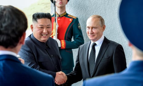 Vladimir Putin and Kim Jong-un shake hands during their meeting in Vladivostok in April 2019. They are set to meet again this week to discuss arms and food trade.