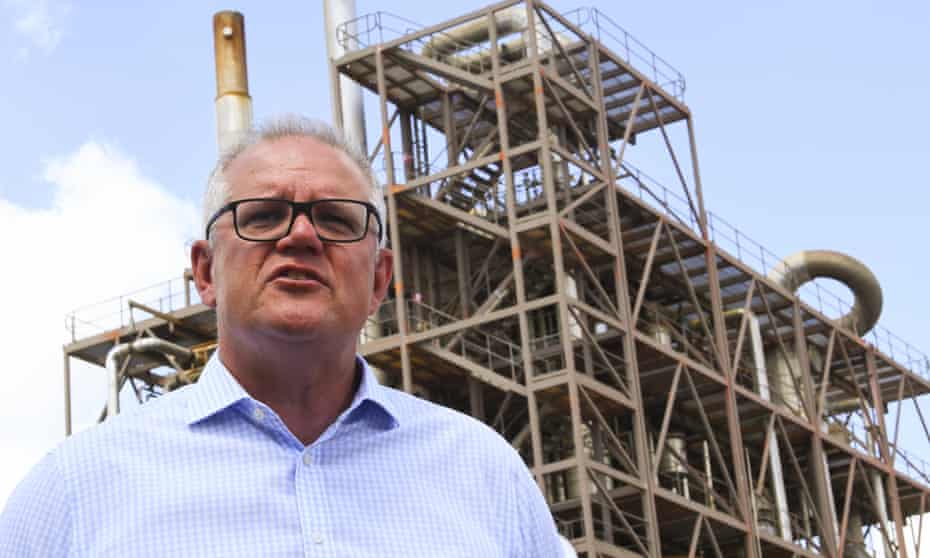 Australian prime minister Scott Morrison speaks to the media during a visit to Northern Oil Refinery in Gladstone, Queensland