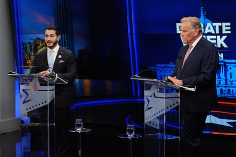 Democrat Abdul El-Sayed, left, faced off against Republican Mike Rogers in a Michigan Senate debate on Thursday.