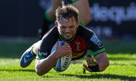 Harlequins' Will Evans scores a try in March 2024