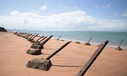 Anti-landing barricades face China on Kinmen beaches.