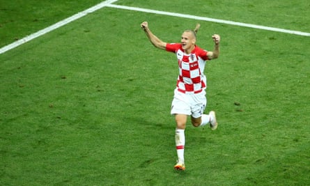 Domagoj Vida celebrates after Croatia’s first goal in the World Cup final in Russia.