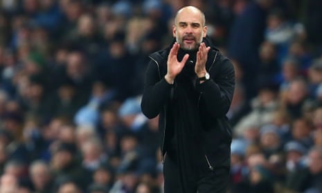 Manchester City’s Pep Guardiola urges his team on during their 3-1 over Newcastle United at the Etihad Stadium.