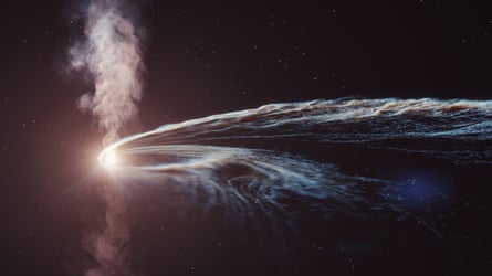 Illustration of a tidal disruption event, when a supermassive black hole tears apart a nearby star with its gravitational pull.