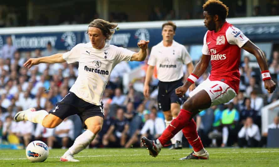 Luka Modric takes aim during a north London derby at White Hart Lane in October 2011, during his final season at Spurs