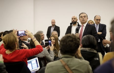 LEBANON-JAPAN-FRANCE-GHOSNFormer Renault-Nissan boss Carlos Ghosn addresses a large crowd of journalists on his reasons for dodging trial in Japan, where he is accused of financial misconduct, at the Lebanese Press Syndicate in Beirut on January 8, 2020. - The 65-year-old fugitive auto tycoon vowed to clear his name as he made his first public appearance at a news conference in Beirut since skipping bail in Japan. Ghosn, who denies any wrongdoing, fled charges of financial misconduct including allegedly under-reporting his compensation to the tune of $85 million. (Photo by JOSEPH EID / AFP) (Photo by JOSEPH EID/AFP via Getty Images)
