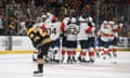 The Florida Panthers celebrate their overtime win over the Boston Bruins in Game 7 of their first-round playoff series on Sunday night.
