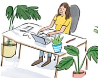 A cartoon image of a woman sitting at an office desk with plants around her.