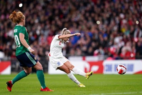 England’s Alex Greenwood thumps a shot goalwards but is denied by the woodwork.