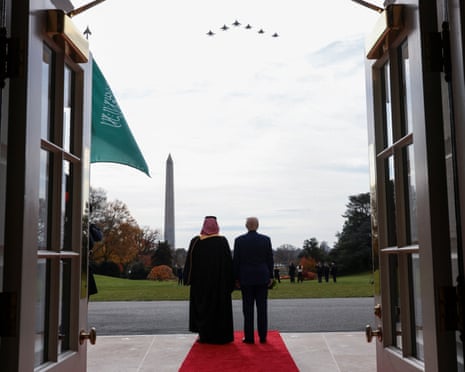 The two leaders watch a military flyover on the South Lawn.