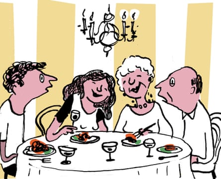 Illustration of a very awkward dinner party with an older couple and a younger one
