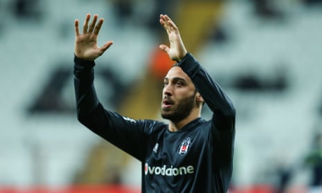 Cenk Tosun greets Besiktas fans after the Turkish Cup game against Osmanlispor on Thursday, expected to be his last for the club. 