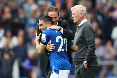 West Ham manager David Moyes looks dejected as Everton manager Frank Lampard celebrates with goalscorer Neil Maupe after the Hammers' 1-0 defeat at Goodison Park in September 2022.