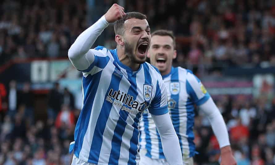 Daniel Sinani of Huddersfield Town celebrates after scoring the opening goal.